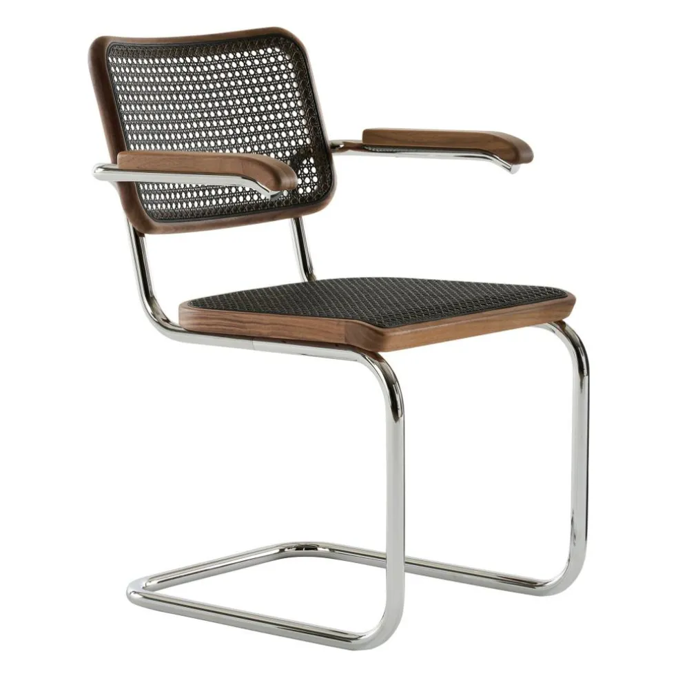 S 64 V Freischwinger Armlehnstuhl mit Rohrgeflecht Dark Melange Gestell verchromt