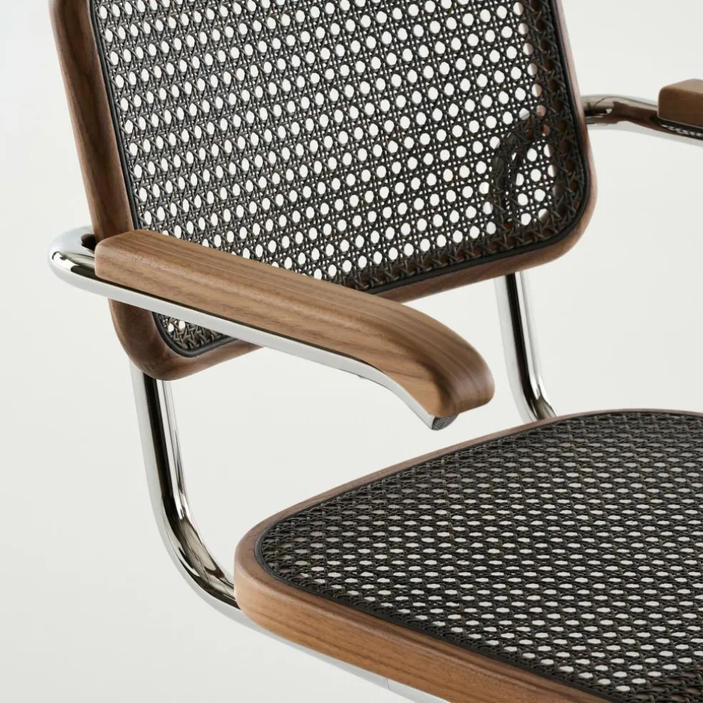 S 64 V Freischwinger Armlehnstuhl mit Rohrgeflecht Dark Melange Gestell verchromt