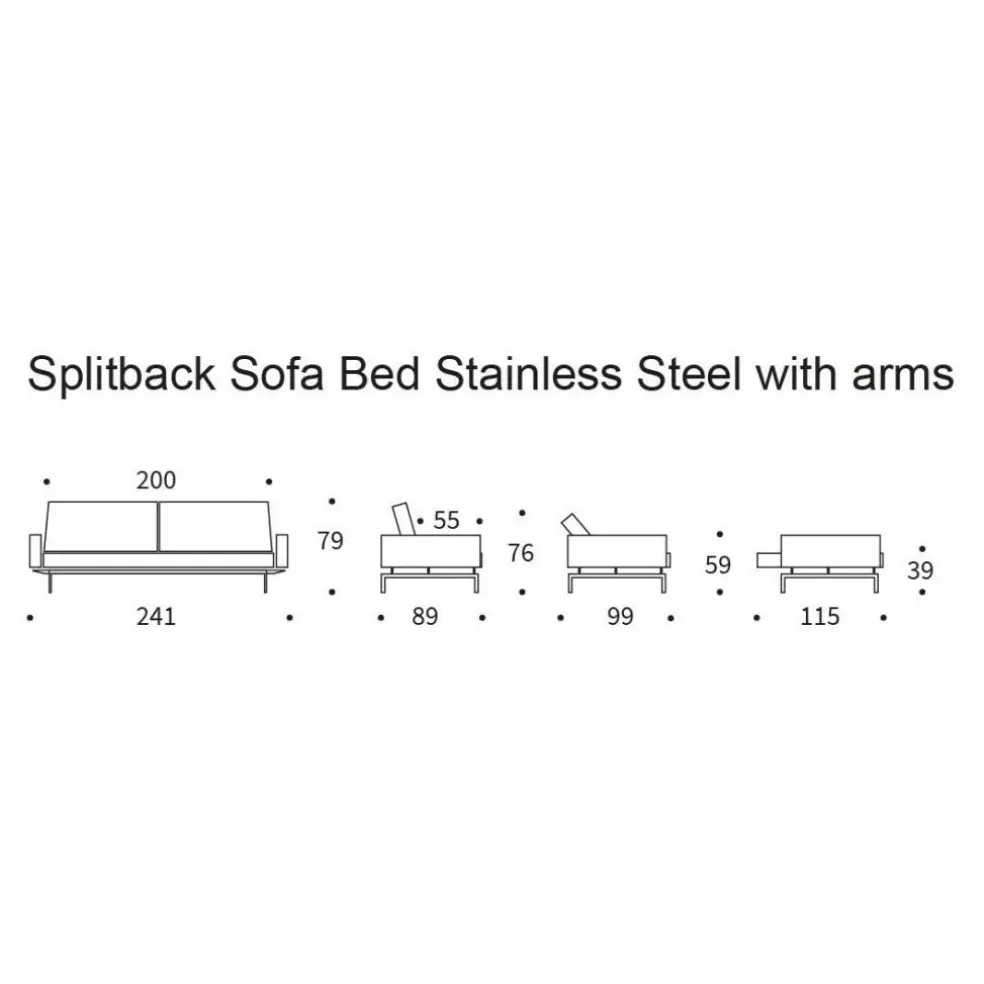 Splitback Schlafsofa mit Armlehnen Chrom 241x89cm